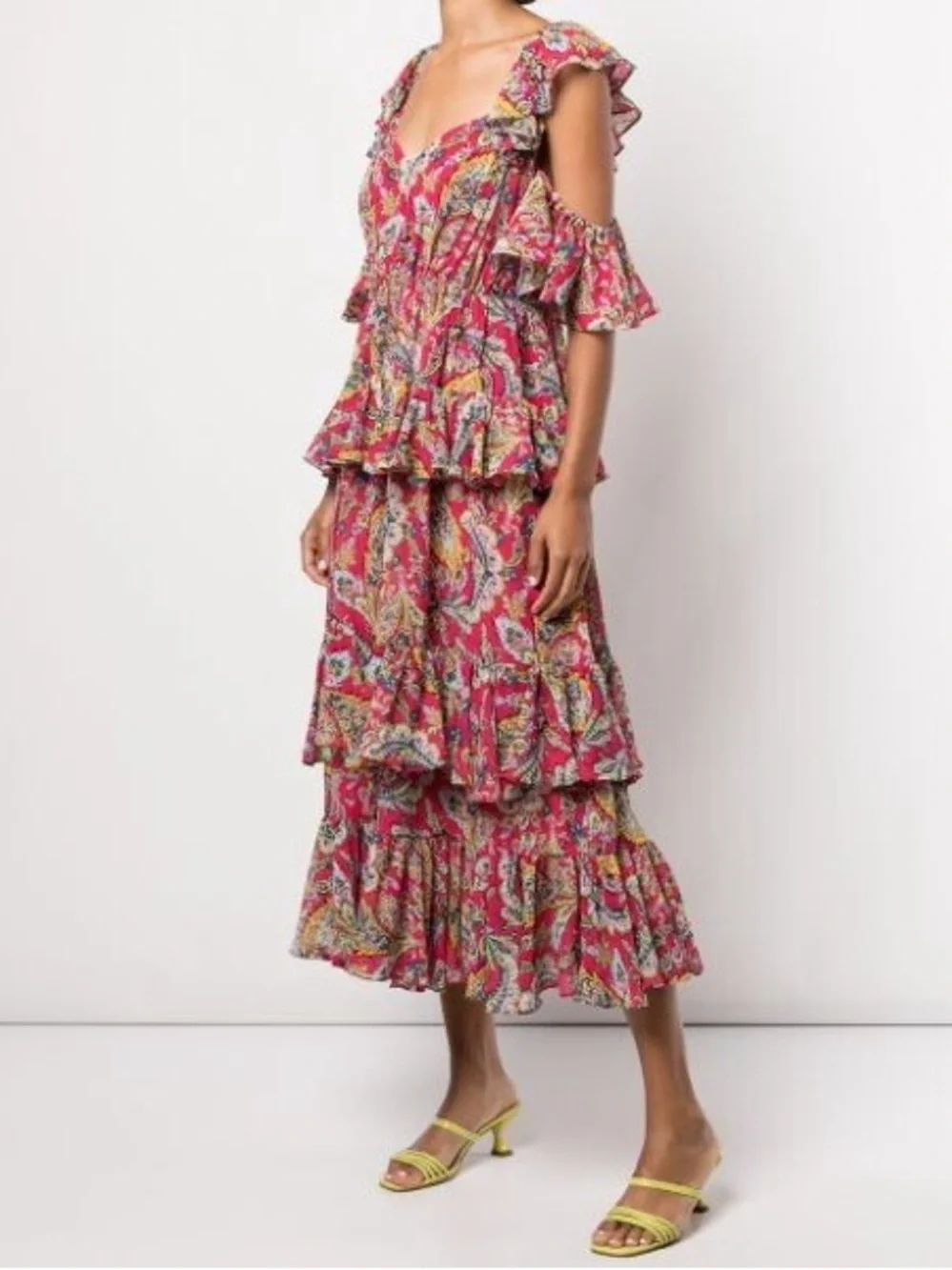 Cinq a Sept Collier Ruffle Cold Shoulder Chiffon Dress in Primrose Pink Paisley - Picture 2 of 11